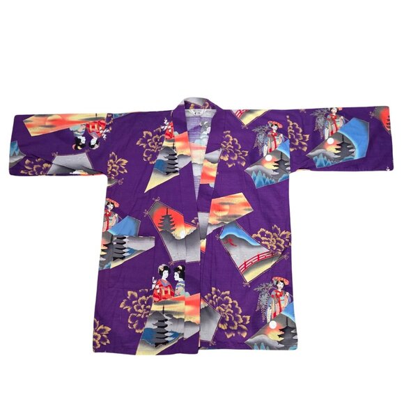 Japanese Kimono Robe Raw Silk Geisha Landscape Print Purple Open Front Belt Vtg - Picture 5 of 10